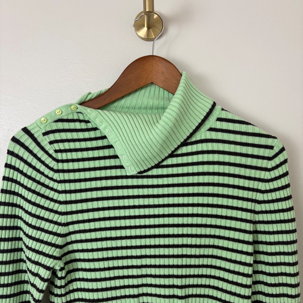 Y2K 90s Yuka Ribbed Striped Sweater Womens S Green Black Button Turtleneck Romy